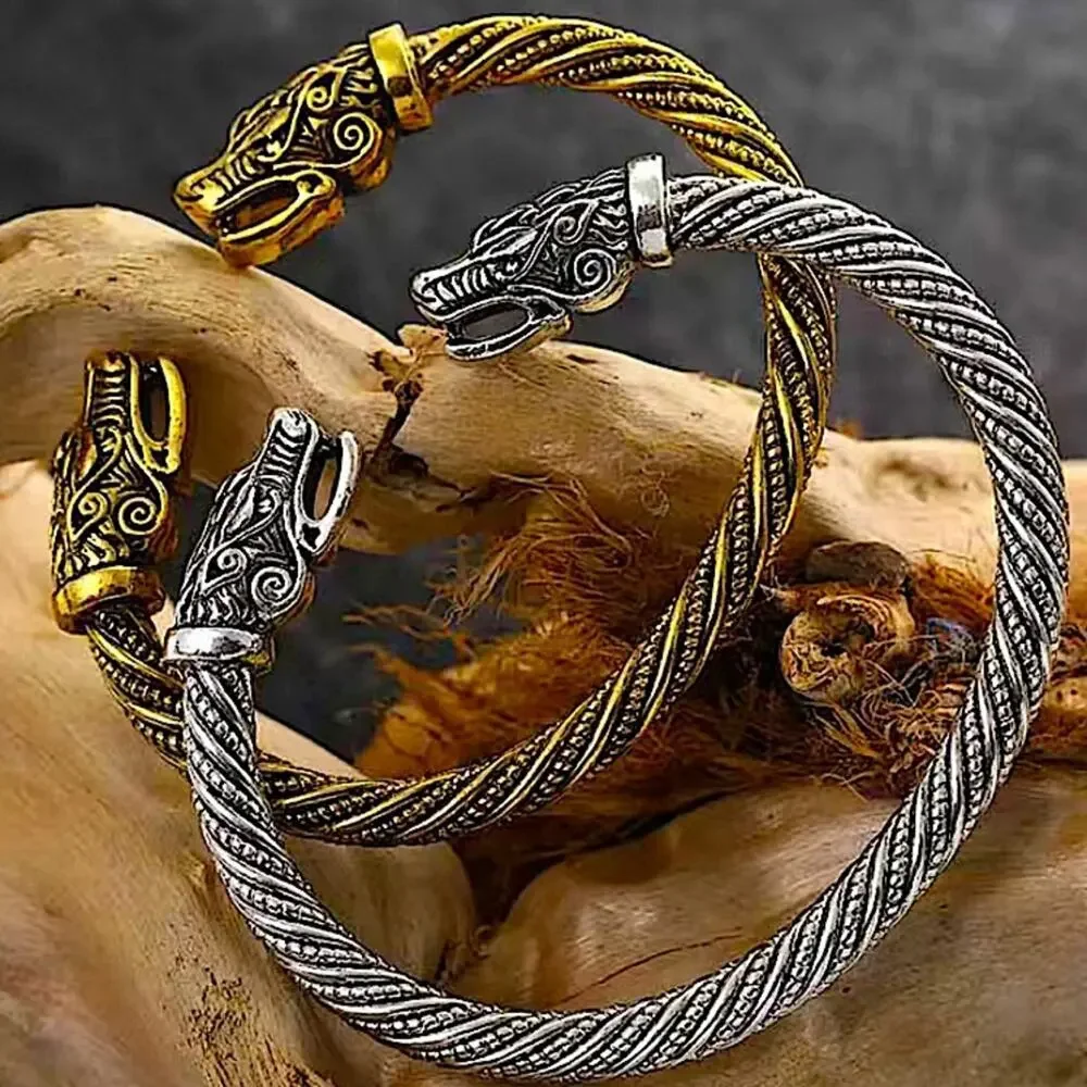 Gold Viking Wold Head Vintage Norse Arm Band Cuff Bangle Bracelet